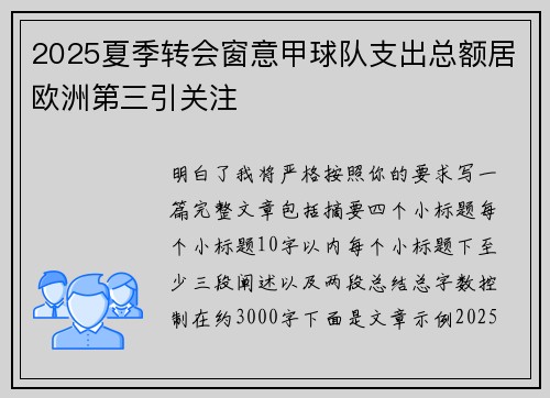 2025夏季转会窗意甲球队支出总额居欧洲第三引关注
